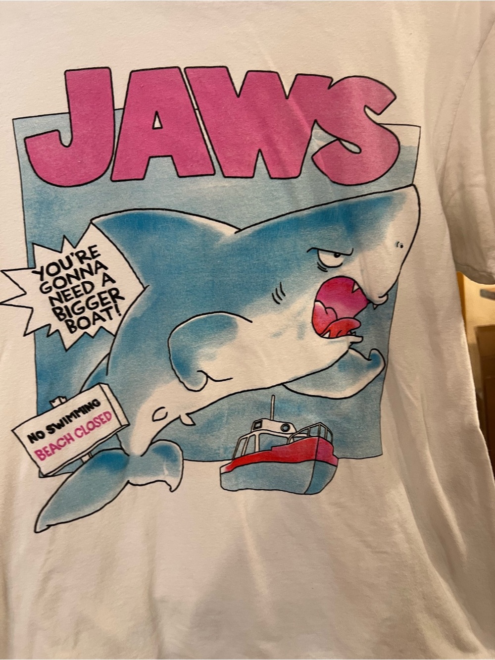 Jaws Graphic Short Sleeve Tee - White with Pink & Blue Print